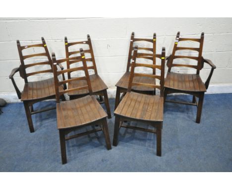 A SET OF SIX 20TH CENTURY OAK CHAIRS, including two carvers, the ladder back of a tapering form, raised on square legs, unite