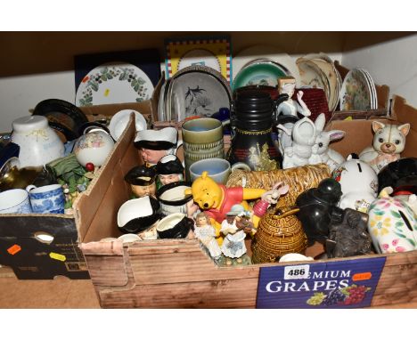 THREE BOXES OF CERAMICS AND ORNAMENTS, to include a boxed Royal Worcester cheese platter/cake plate,   a collection of glass 