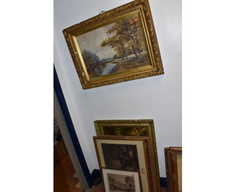 FIVE PAINTINGS AND PRINTS, comprising a John Murdoch watercolour landscape with water, signed and dated 1903 bottom right, ap