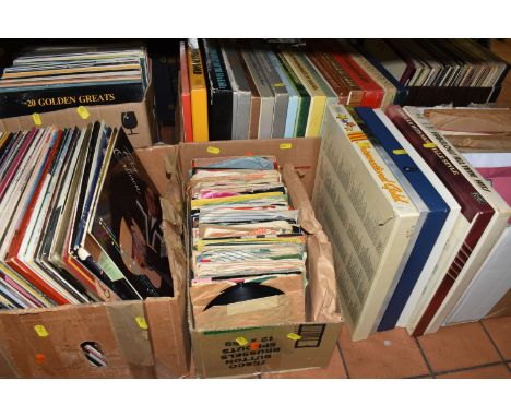 FIVE BOXES OF L.P AND SINGLE RECORDS, to include approximately two hundred L.P records and over one hundred singles, artists 