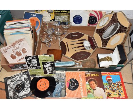 TWO BOXES OF RECORDS AND MISCELLANEOUS ITEMS comprising a box of 45 RPM singles to include mostly 1950's easy listening, clas