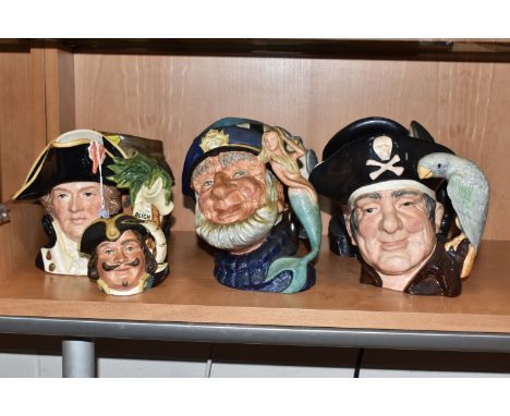 A GROUP OF SEVEN ROYAL DOULTON CHARACTER JUGS comprising Bligh D6967, The Poacher D6429, Old Salt D6551, The Falconer D6533, 