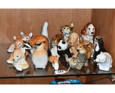 A GROUP OF ANIMAL ORNAMENTS to include nine Lomonosov figures comprising a waxwing, a seal, red panda, a black and white pand