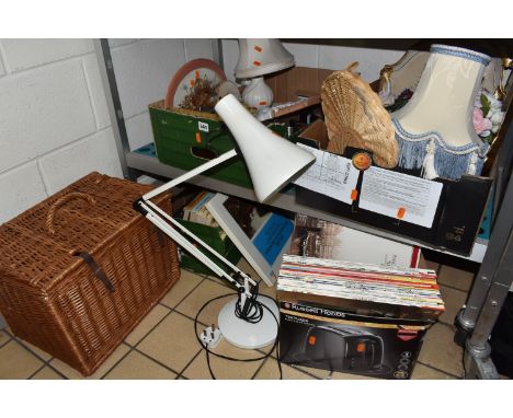 FOUR BOXES OF RECORDS, ANGLEPOISE LAMP AND SUNDRY HOME WARES, to include a cream Anglepoise lamp with circular base, a wicker