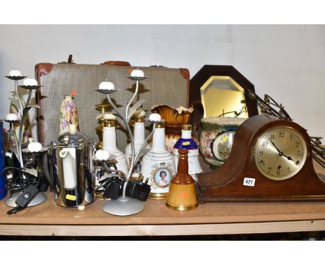 A GROUP OF LARGE ITEMS to include a mantel clock, two electric powered candle lamps, a group of six Bell's commemorative whis