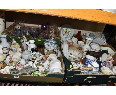 FOUR BOXES AND LOOSE CERAMICS AND ORNAMENTS, to include a Spode 'Sumatra' pattern fruit bowl, a Coalport 'Cornucopia' vase, R
