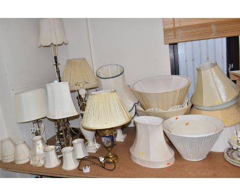 NINE ASSORTED TABLE LAMPS AND SHADES, comprising two clear Perspex tables lamps with cream shades, a taller floor standing br