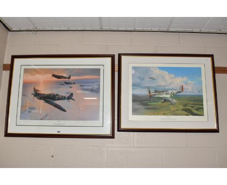 TWO SIGNED ROBERT TAYLOR MILITARY AVIATION THEMED PRINTS, comprising 'Midwinter Dawn' depicting a flight of Spitfires, signed