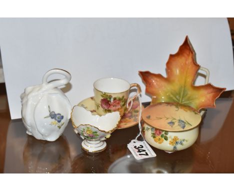A GROUP OF MINIATURE PORCELAIN TRINKET WARE comprising a Royal Worcester Maple Leaf trinket dish with G481 marked to the base