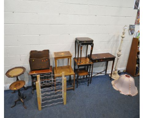 A MAHOGANY SIDE TABLE, with a single frieze drawer, raised on square legs, united by a cross stretcher, a standard lamp, a ne