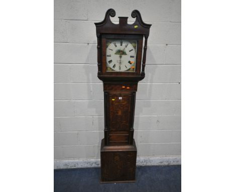 A GEORGIAN OAK 30 HOUR LONGCASE CLOCK, with twin swan neck pediment, the turned pillars flanking a glass door, that's enclosi