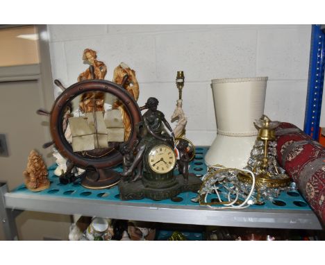 A COLLECTION OF ORNAMENTAL HOME ITEMS, to include 1999 Crosa Juliana Quartz mantel clock, in a green bronze effect lady sitti