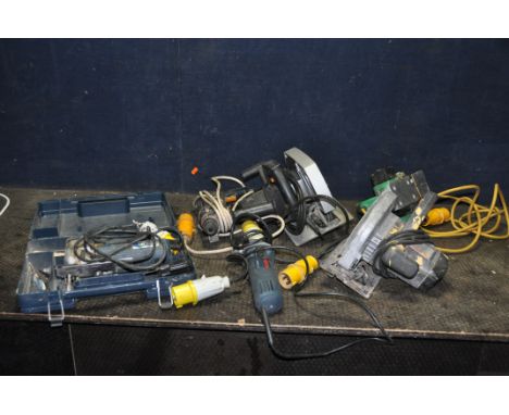 A COLLECTION OF 110V POWER TOOLS including Bosch GWS-6-115 angle grinder, a GST 2000 jigsaw, a UBH-2-20SE SDS drill other mak