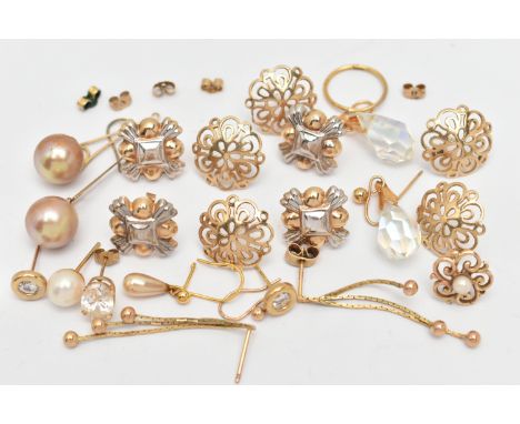 A SELECTION OF EARRINGS, to include pierced scroll design stud earrings, imitation pearl drop earrings, faceted glass drop ea
