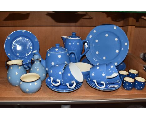 A GROUP OF MOSTLY T.G.GREEN BLUE DOMINO TEA AND TABLEWARE comprising a teapot (chip to rim), a coffee pot (manufacturers mark