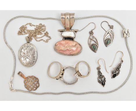 EIGHT PIECES OF SILVER/WHITE METAL JEWELLERY, to include an oval silver locket with foliate pattern, hallmarked Birmingham, f