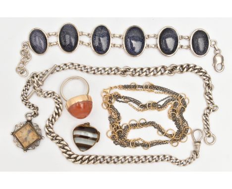 A SMALL ASSORTMENT OF JEWELLERY, to include a silver double Albert chain, links with rubbed stamps, fitted with a lobster cla