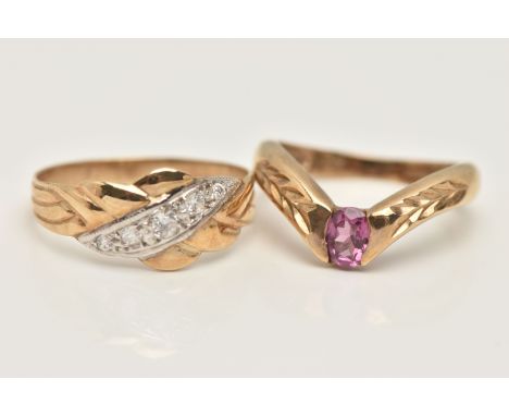 TWO 9CT GOLD RINGS, the first a gem set wishbone design ring, hallmarked 9ct Sheffield import, ring size K 1/2, the second a 