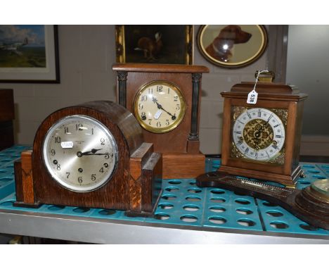 THREE MANTEL CLOCKS AND A BAROMETER, comprising a J. Smith &amp; Sons, Derby wooden cased mantel clock, movement stamped Garr