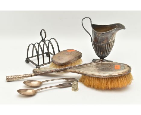 A BOX OF SILVER AND WHITE METAL ITEMS, to include a silver four section toast rack, hallmarked 'Horace Woodward &amp; Co Ltd'