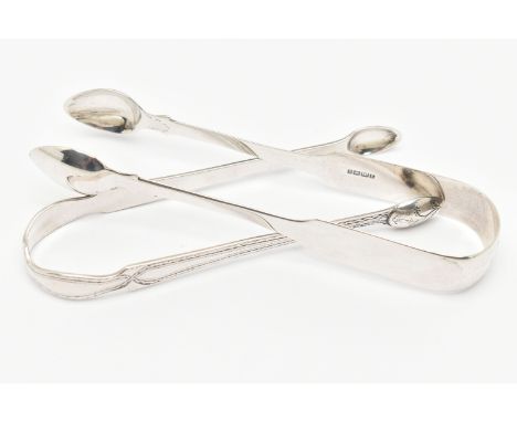 TWO PAIRS OF SILVER SUGAR TONGS, the first with a bright cut pattern with floral detail to the bowls, engraved initials 'S.G'