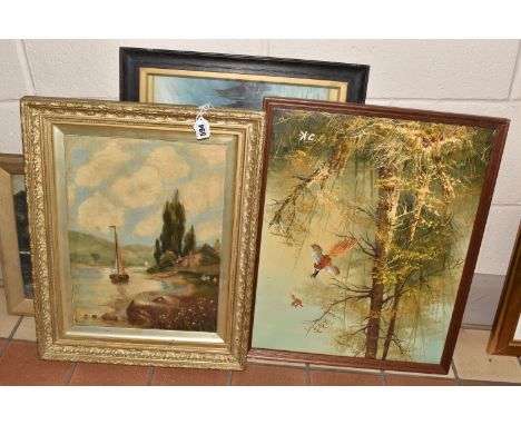 A SMALL QUANTITY OF PICTURES AND PRINTS, to include a late 19th / early 20th century oil on canvas landscape with water, sign