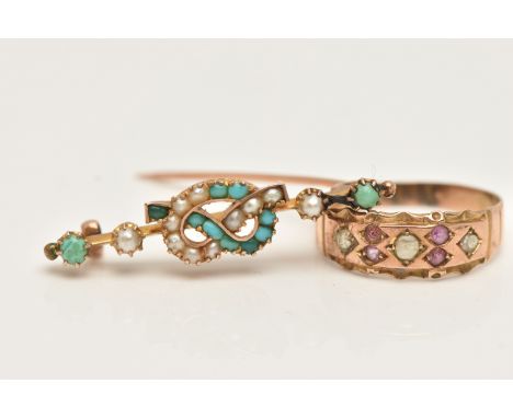 AN EARLY 20TH CENTURY RING AND BROOCH, four circular cut pink paste stones and three split pearls, set in a yellow gold band 