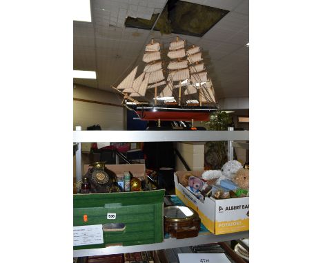 TWO BOXES AND LOOSE METALWARE, CASSETTE TAPES AND SUNDRY ITEMS, to include a brass based oil lamp with chimney and shade, a b