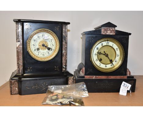 TWO NINETEENTH CENTURY BLACK SLATE AND MARBLE CASED MANTEL CLOCKS, each with gilt bezel and dial marked with black Arabic num