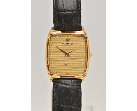 A RAYMOND WEIL WRISTWATCH, the gold coloured face with dot markers, gold coloured hands, textured face and black leather stra