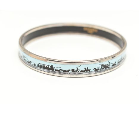 A 'HERMES' BANGLE, designed as a solid silver plated bangle with repeating enamel horse and carriage detail, approximate widt