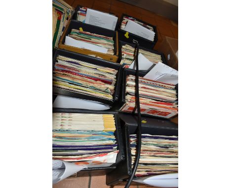 EIGHT CASES OF SINGLE VINYL RECORDS, approximately four hundred single records, artists include The Rolling Stones, Elvis, Jo