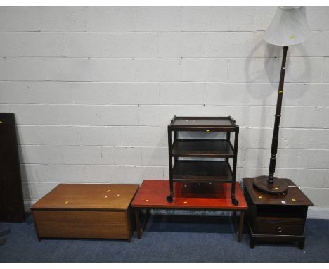 A STAG MINSTREL BEDSIDE CABINET, with a single drawer, width 53cm x depth 47cm x height 52cm, a standard lamp, an oak three t
