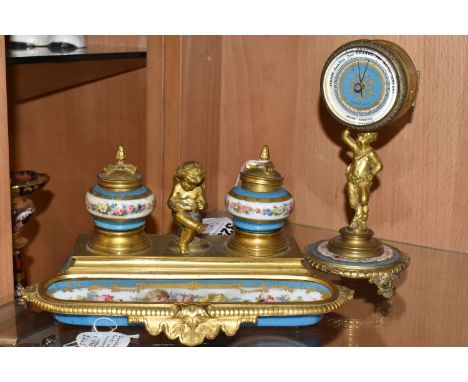 A GILT METAL AND PORCELAIN DESK STAND AND BAROMETER, the gilt metal desk stand with twin turquoise and gilt porcelain inkwell