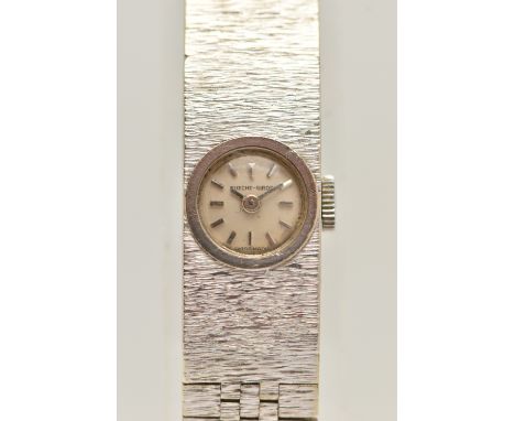 A LADIES 9CT WHITE GOLD 'BUECHE-GIROD' WRISTWATCH, manual wind, round silvered dial signed 'Bueche-Girod' baton markers, with