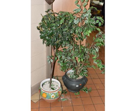 TWO ARTICIFICAL TREES IN CERAMIC PLANT POTS to include one grey pot, height 154cm x pot diameter 39cm, and a floral and pomeg