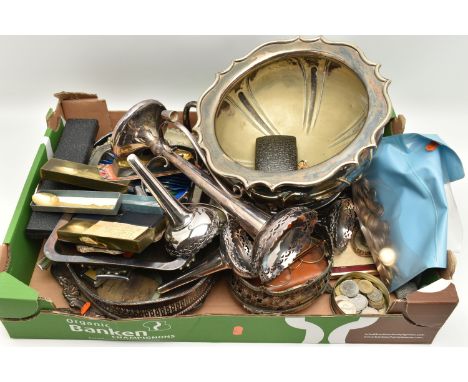 A BOX OF ASSORTED WHITE METAL WARE AND ITEMS, to include an EPNS epergne trumpet centre piece, a large EP presentation bowl f