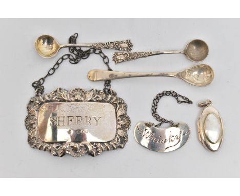 A SMALL ASSORTMENT OF SILVER/WHITE METAL ITEMS, to include a silver 'Sherry' decanter label with chain, hallmarked London, a 