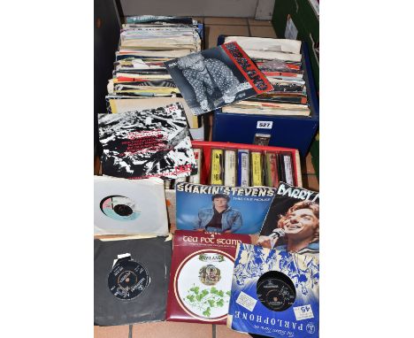 THREE CASES OF RECORDS AND EIGHT TRACK TAPES, two cases of vinyl singles by artists to include The Beatles Yellow Submarine/E