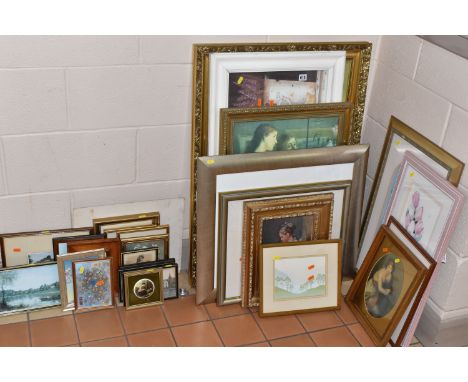 A SMALL QUANTITY OF DECORATIVE PRINTS ETC, to include print reproductions of paintings by Fragonard, Whistler and Gainsboroug