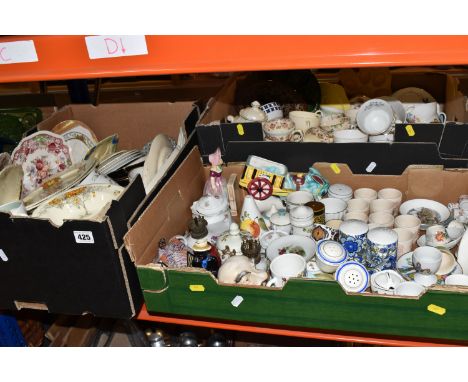 THREE BOXES OF MIXED CERAMICS, an assortment of salt and pepper shakers included a blue and white paisley set, vintage Foreig