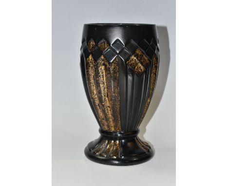 AN ART DECO MOUGIN BROTHERS POTTERY VASE the footed vase with fluted and geometric diamond pattern, gold lustre details on a 