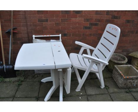 A WHITE PLASTIC GATE LEG GARDEN TABLE, width 75cm extended length 116cm height  72cm, with a matching chair and a boxed troll