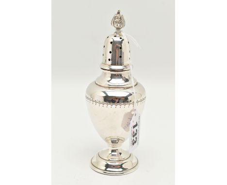 AN ELIZABETH II SILVER SUGAR CASTER, a baluster form sugar caster with a repeating pattern to the surround, approximate heigh