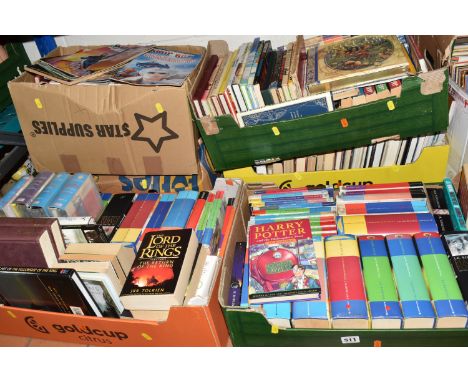 SIX BOXEES OF BOOKS, titles include J.R.R. Tolkien books The Hobbit, Lord of the Rings, The fellowship of the Rings, The two 