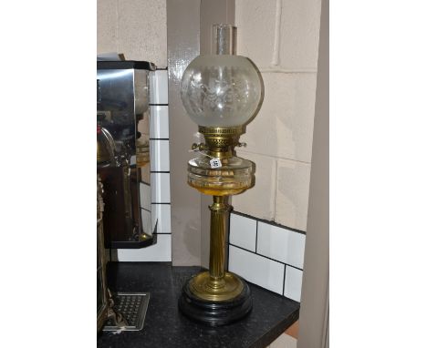 A YOUNGS NUMBER ONE BRASS OIL LAMP WITH ETCHED GLASS SHADES, with foliate pattern on globe shade, height 71cm,  (1) (Conditio
