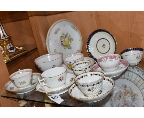 A GROUP OF LATE EIGHTEENTH AND NINETEENTH CENTURY TEAWARES, to include a Davenport teacup and saucer painted with sprays of f