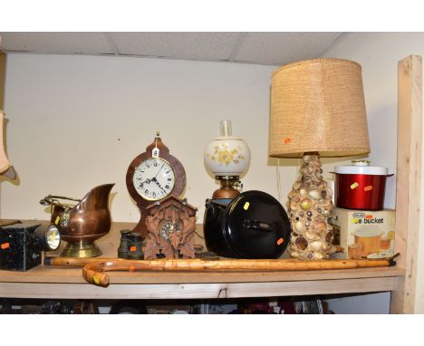 A GROUP OF MISCELLANEOUS SUNDRIES, comprising a small wooden cuckoo clock, enamelled 'Anglo' cooking pot, a vintage boxed 'In