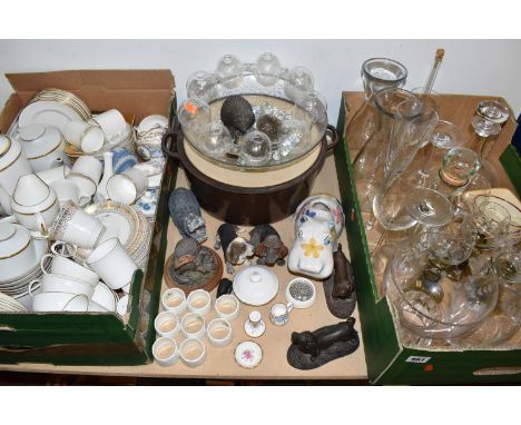 TWO BOXES AND LOOSE CERAMICS AND GLASSWARE to include a large quantity of white tea and coffee ware to include Royal Worceste