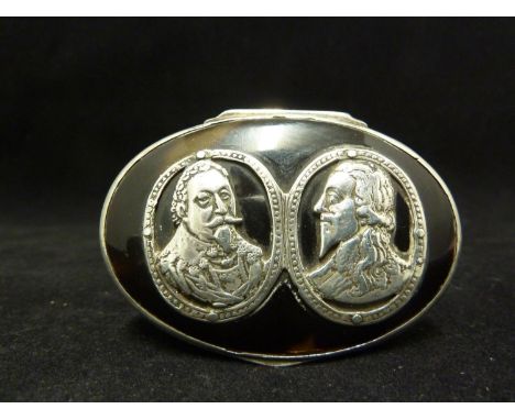 A white metal and pique work remembrancer snuff box, oval, the hinged cover decorated with a double portrait of Charles I, th